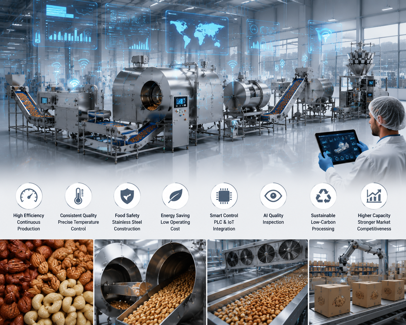 Continuous Nut Roaster Processing Machine