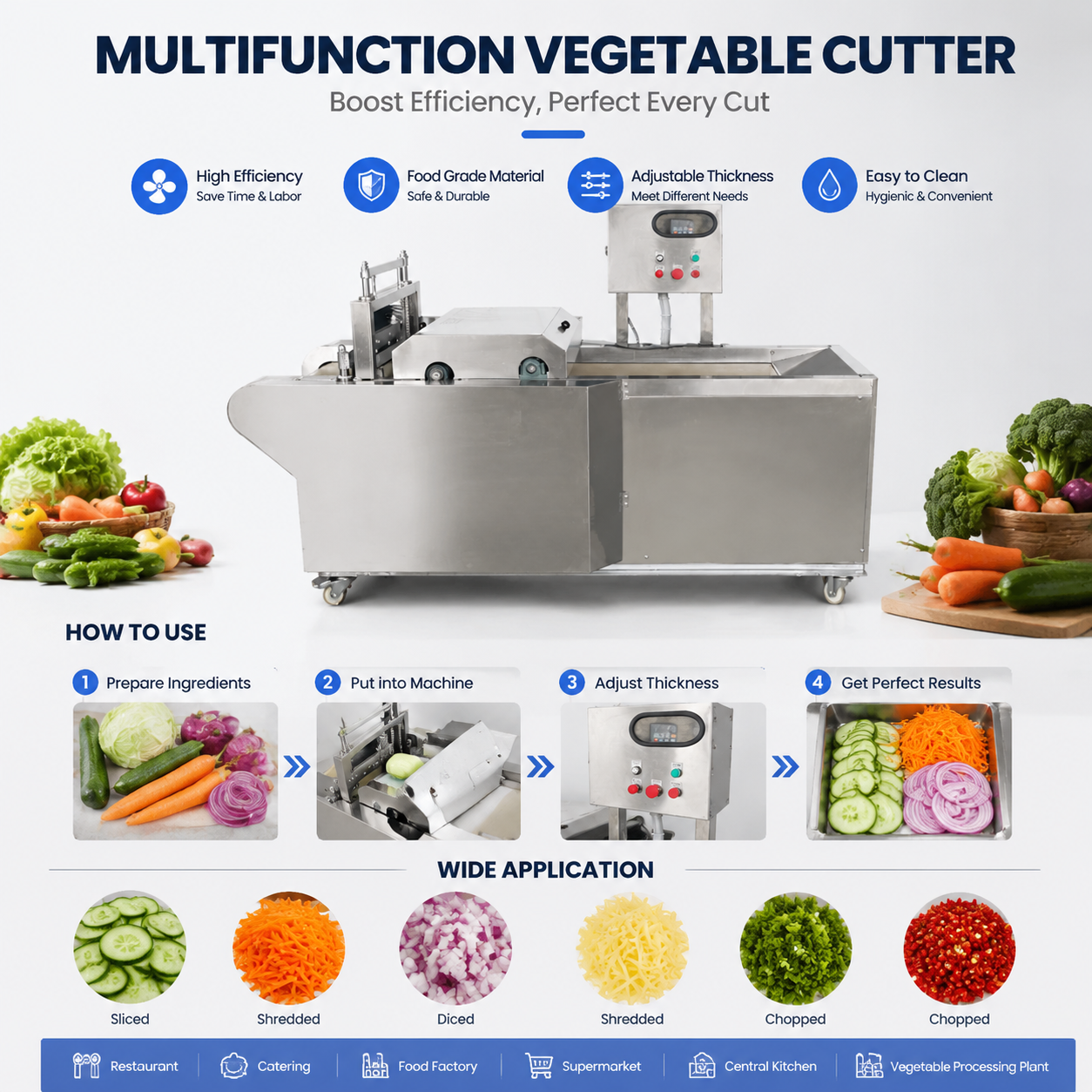 High Efficiency Stainless Steel Vegetable Cutting Machine for Commercial Kitchens Processing