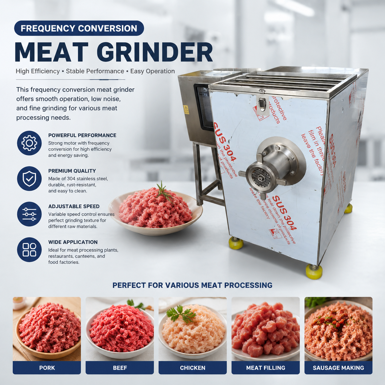High Efficiency Variable Frequency Meat Grinder for Commercial Meat Processing Lines