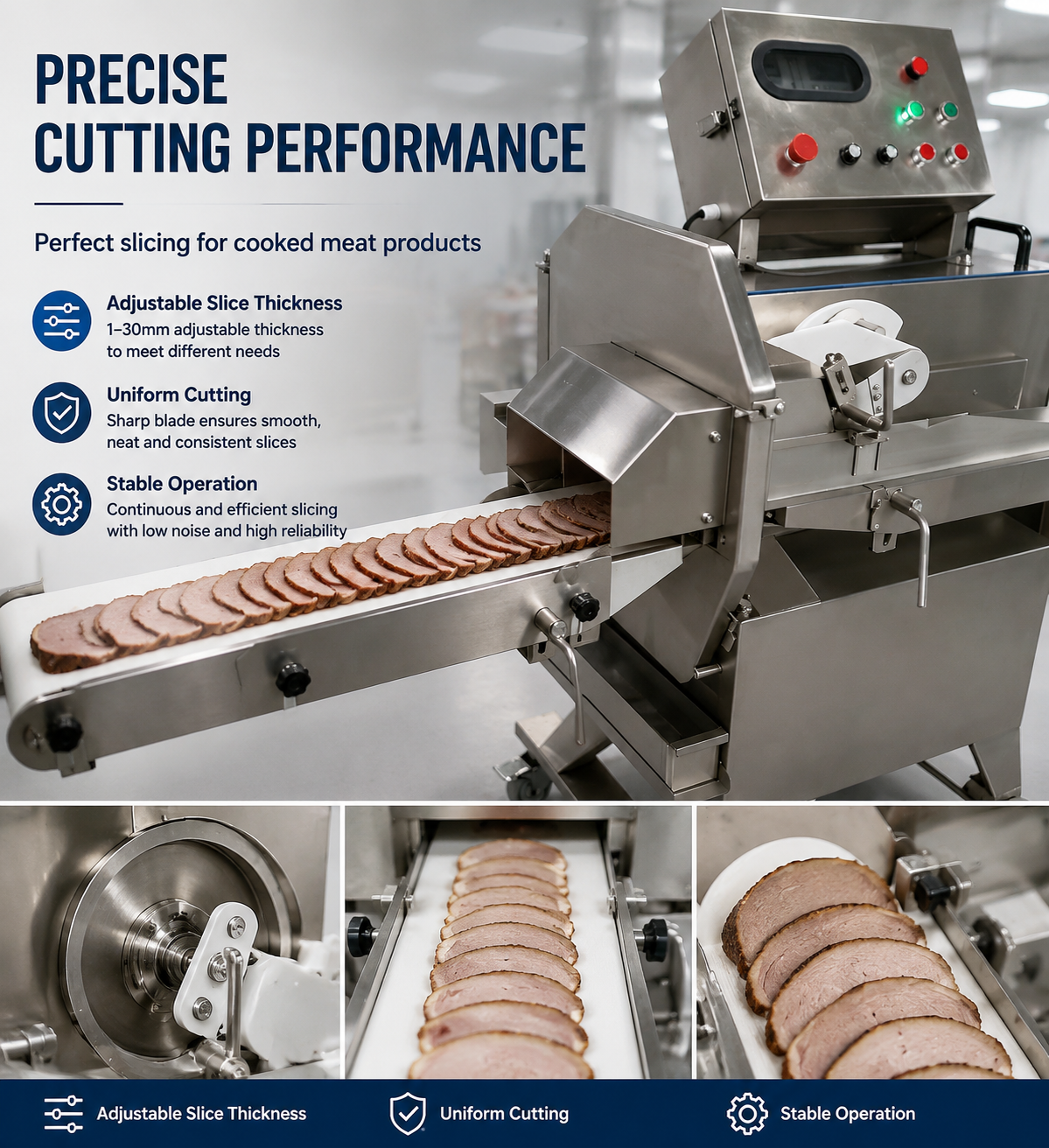 High Efficiency Cooked Meat Slicer Machine for Food Processing Industry