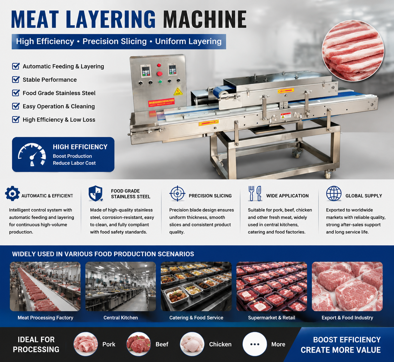 Industrial Automatic Meat Layering Machine for Food Processing Factory