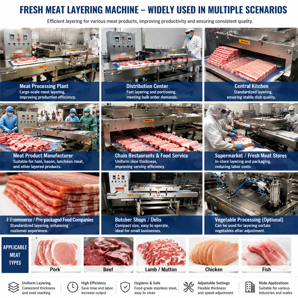Industrial Automatic Meat Layering Machine for Food Processing Factory