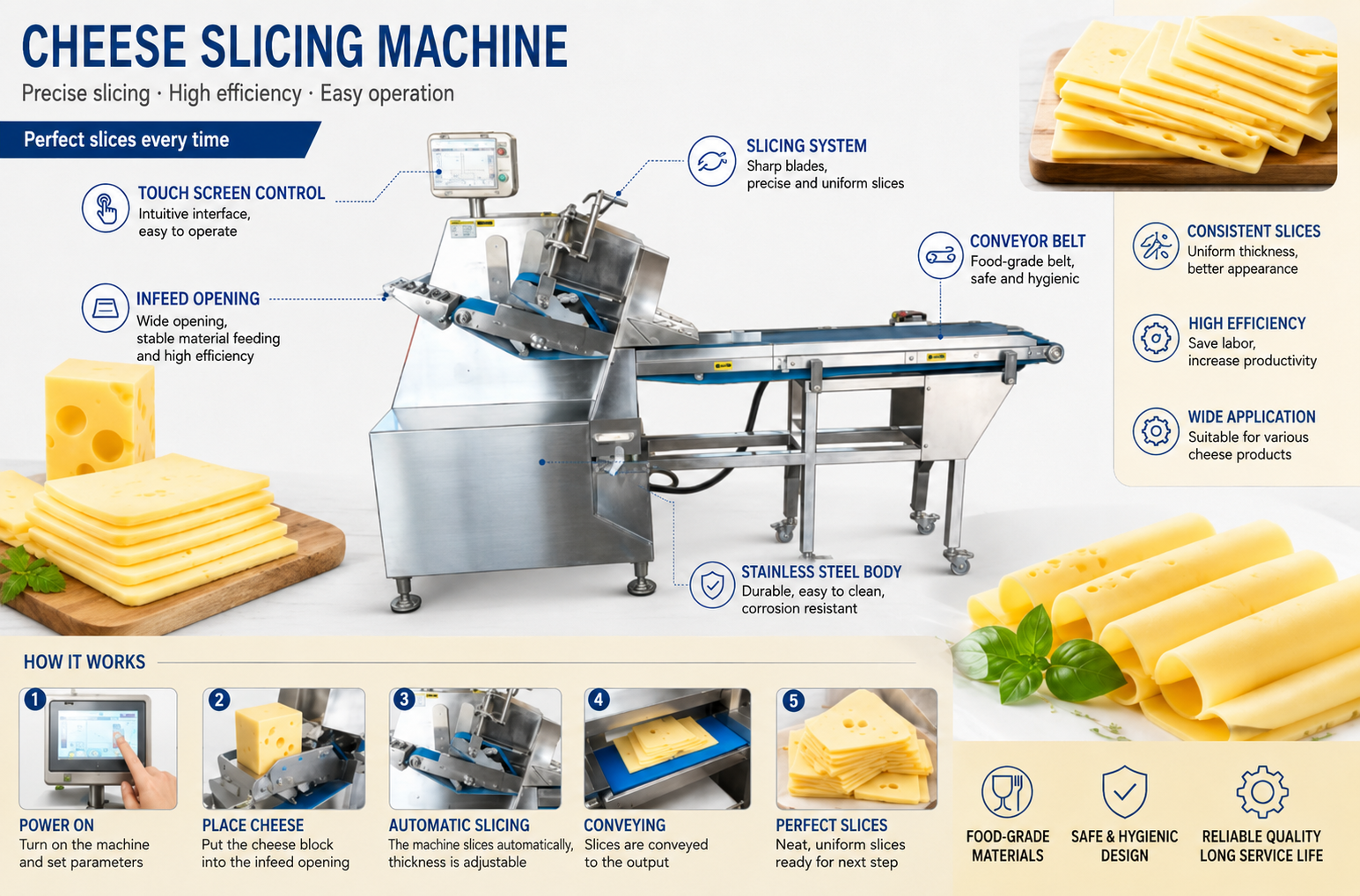High Uniformity Cheese Block Slicing Machine Anti-Jam Blade System Single Operator Operation for Large Scale Dairy Manufacturing Plant CE Compliant