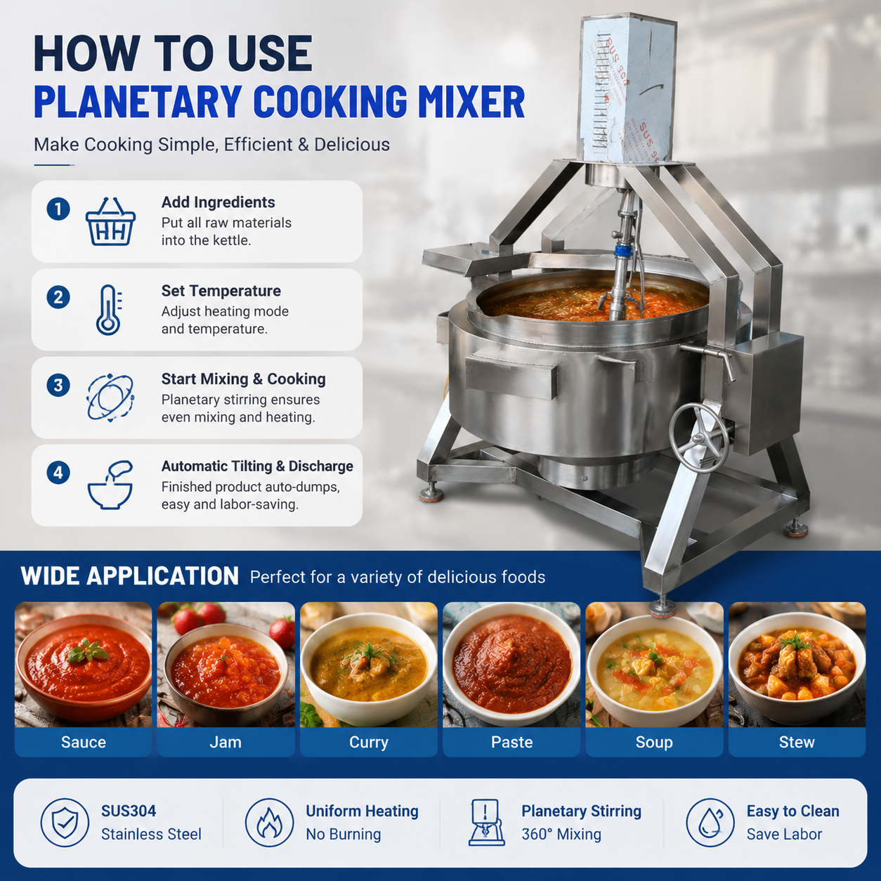 Large Capacity 500L Semi-Automatic Planetary Stir Fry Pot SUS304 Jacketed Kettle for Red Bean Paste Fruit Filling Mooncake Stuffing Cooking 