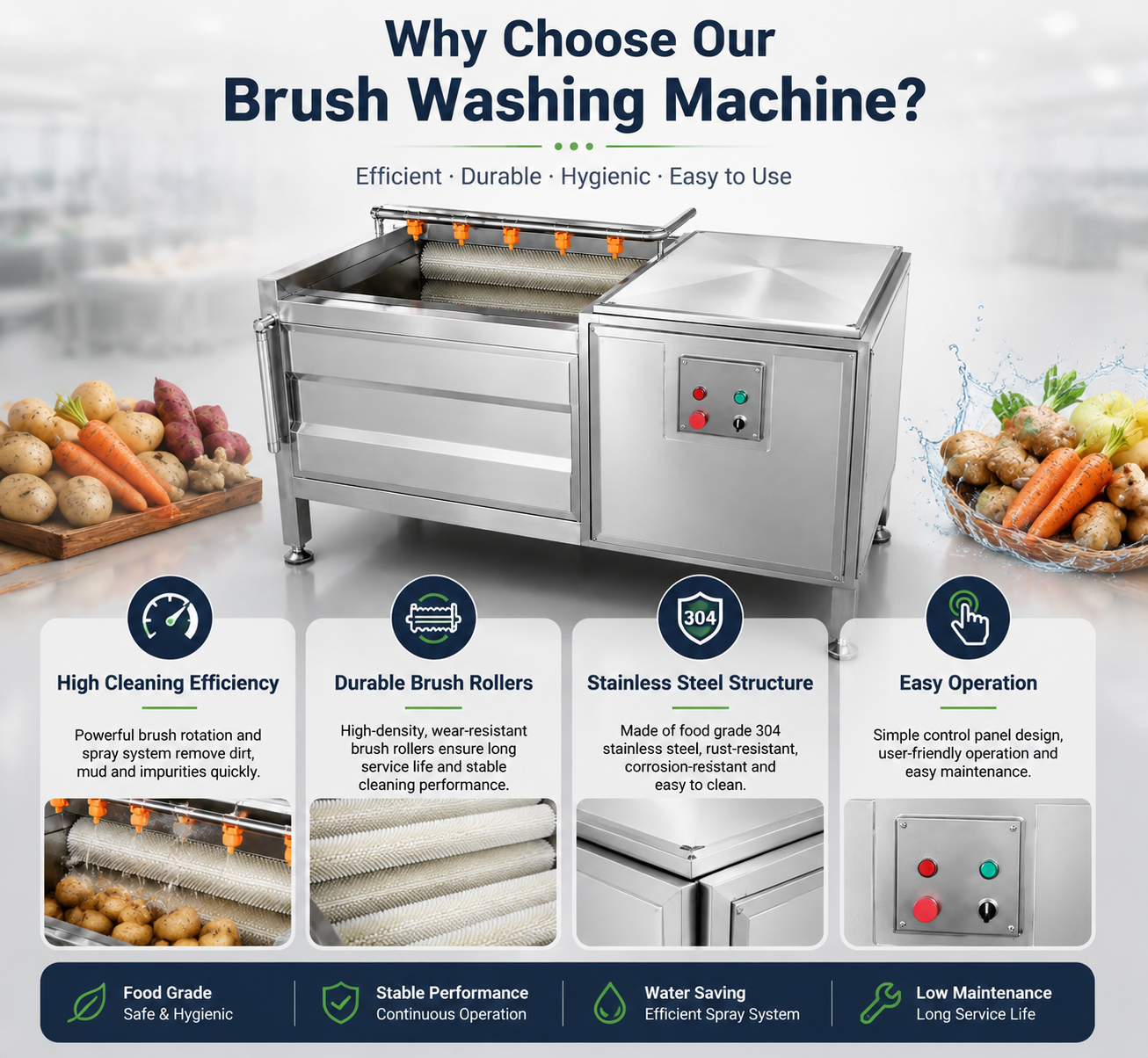 Industrial Brush Roller Washing Machine for Efficient Vegetable Cleaning Solutions